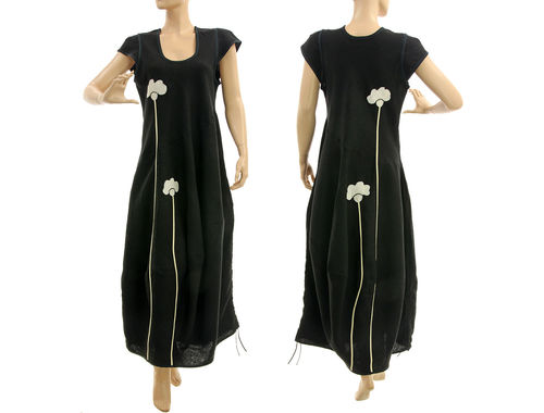 Lagenlook maxi linen balloon dress, black white M-L