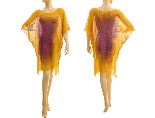 Linen knitted dress tunic, hand dyed in yellow purple S-XL