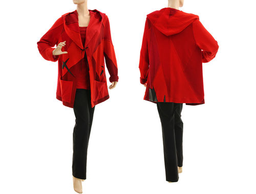Upcycled hooded wool sweater cardi in red M-L