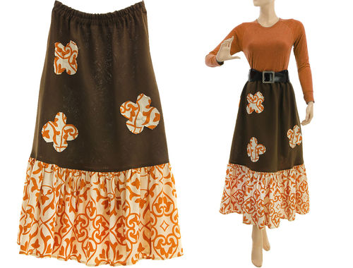 Boho maxi linen flowers skirt with ruffle, dark brown M